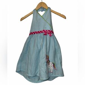 Emily Rose Aqua Gingham unicorn appliqué Halter Dress Pink Polka Dot Bow sz 6